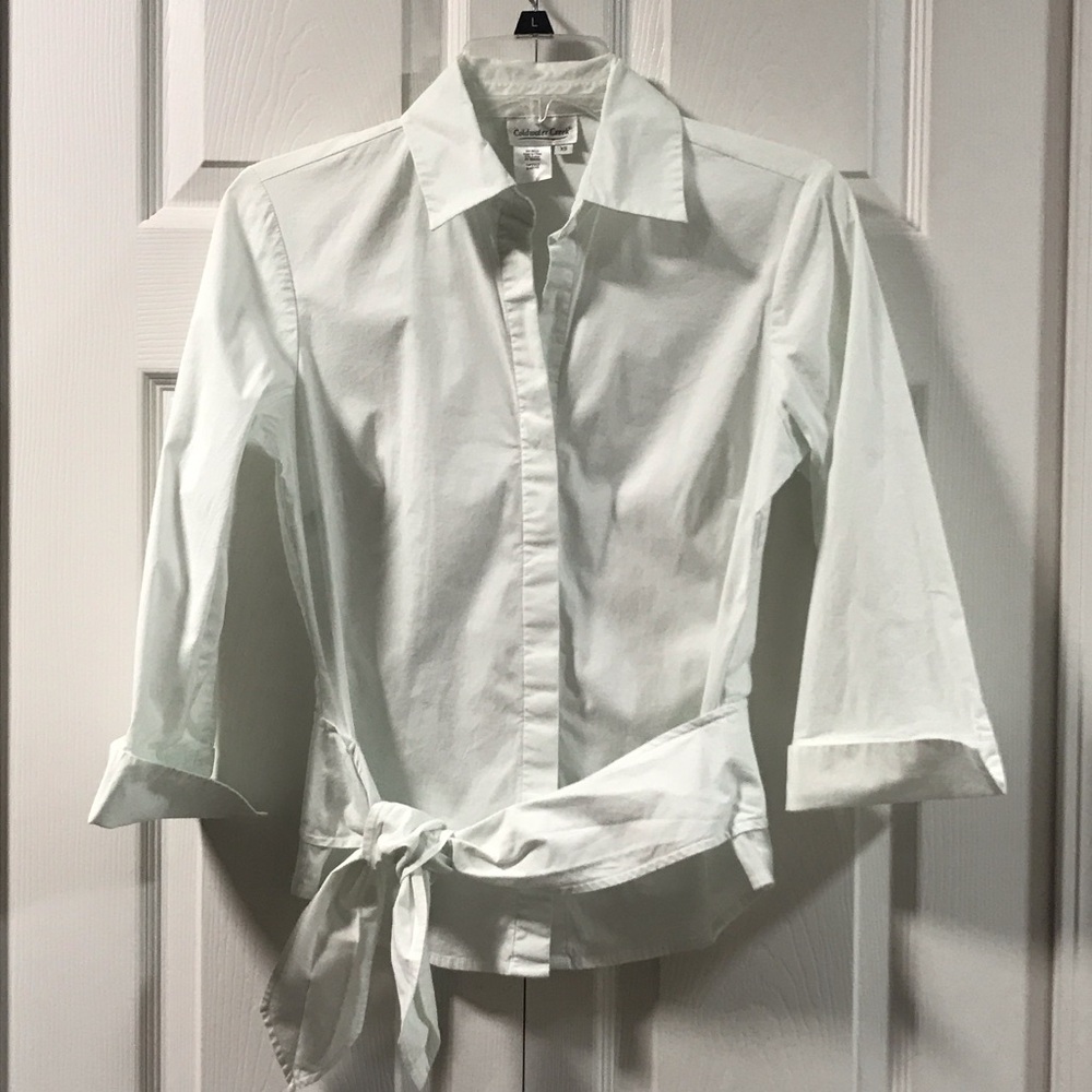 Coldwater Creek White Three Quarter Sleeve Button-Down Shirt With Tie